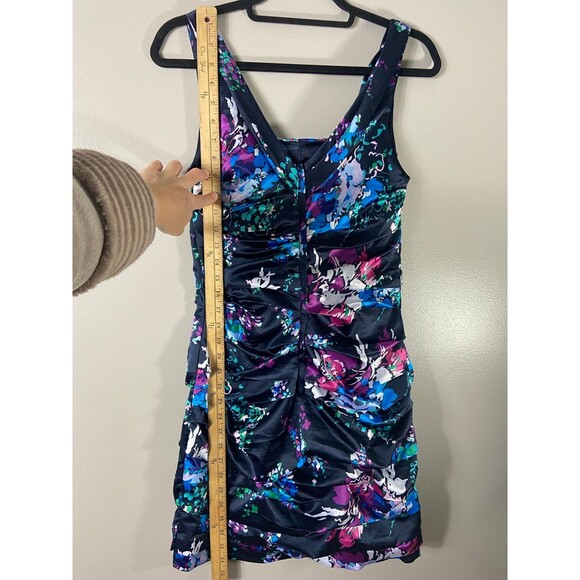 EXPRESS Dress Ruched Satin Navy Purple Floral Cocktail Dress 6 - Picture 9 of 9